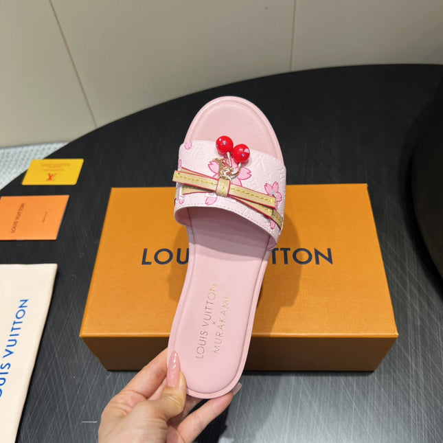 LV SLIDE SANDALS 25S IN LIGHT PINK CALFSKIN WITH CHERRY BLOSSOM BUCKLE