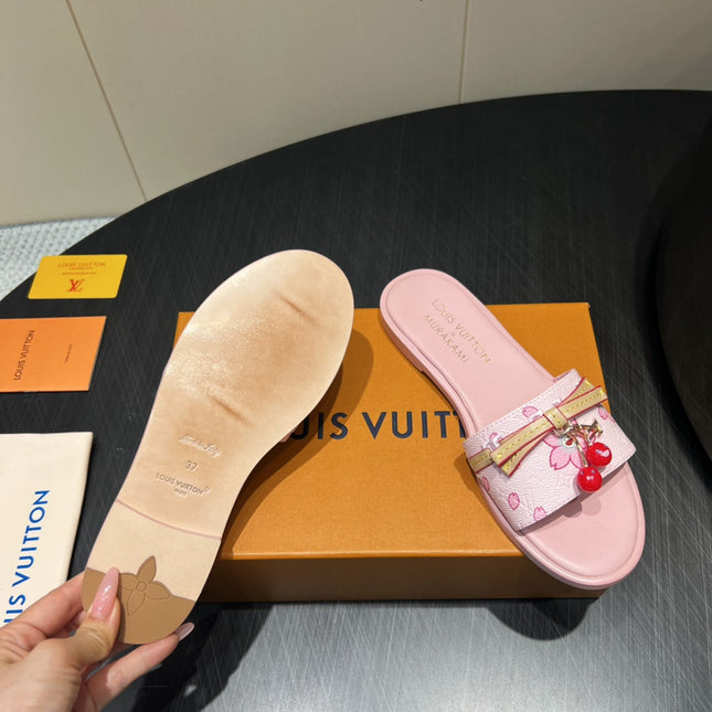 LV SLIDE SANDALS 25S IN LIGHT PINK CALFSKIN WITH CHERRY BLOSSOM BUCKLE