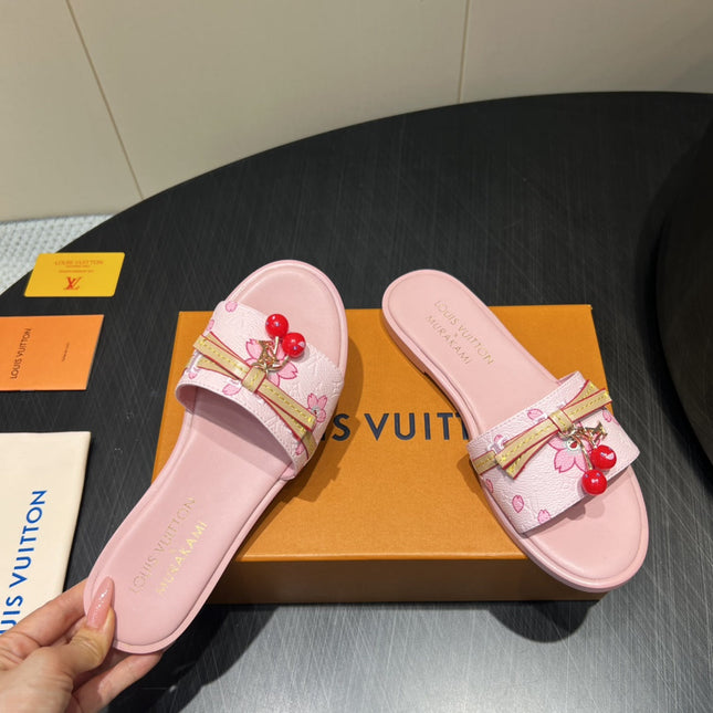 LV SLIDE SANDALS 25S IN LIGHT PINK CALFSKIN WITH CHERRY BLOSSOM BUCKLE