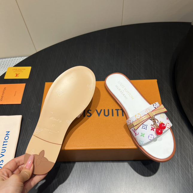 LV SLIDE SANDALS LOGO PRINT 25S IN WHITE CALFSKIN WITH CHERRY BLOSSOM BUCKLE