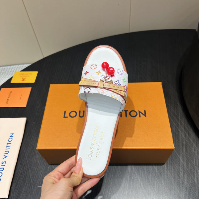 LV SLIDE SANDALS LOGO PRINT 25S IN WHITE CALFSKIN WITH CHERRY BLOSSOM BUCKLE