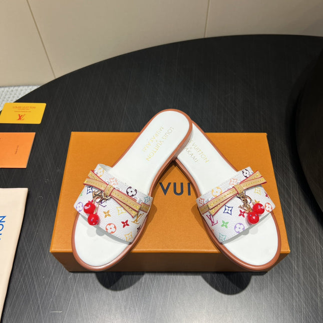 LV SLIDE SANDALS LOGO PRINT 25S IN WHITE CALFSKIN WITH CHERRY BLOSSOM BUCKLE