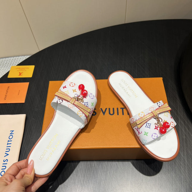 LV SLIDE SANDALS LOGO PRINT 25S IN WHITE CALFSKIN WITH CHERRY BLOSSOM BUCKLE