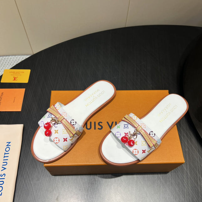 LV SLIDE SANDALS LOGO PRINT 25S IN WHITE CALFSKIN WITH CHERRY BLOSSOM BUCKLE