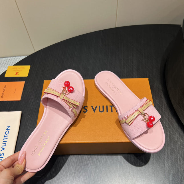 LV SLIDE SANDALS 25S IN BABY PINK DENIM AND CALFSKIN WITH CHERRY BLOSSOM BUCKLE