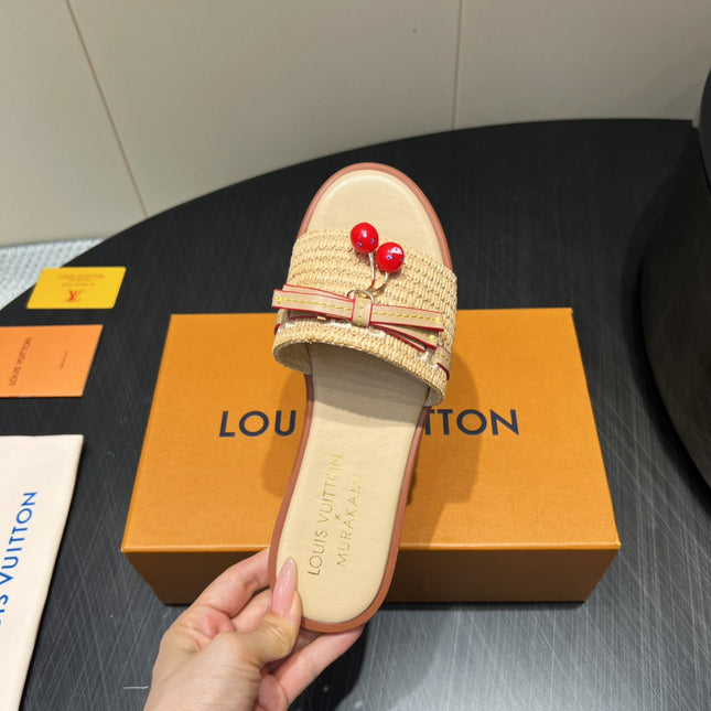 LV SLIDE SANDALS 25S IN BEIGE RAFFIA AND CALFSKIN WITH CHERRY BLOSSOM BUCKLE