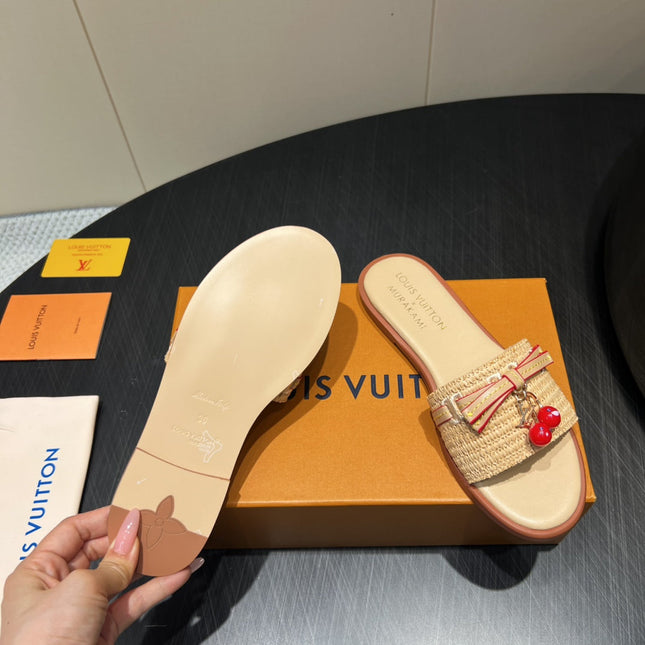 LV SLIDE SANDALS 25S IN BEIGE RAFFIA AND CALFSKIN WITH CHERRY BLOSSOM BUCKLE