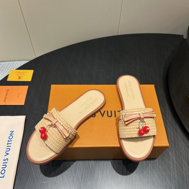 LV SLIDE SANDALS 25S IN BEIGE RAFFIA AND CALFSKIN WITH CHERRY BLOSSOM BUCKLE