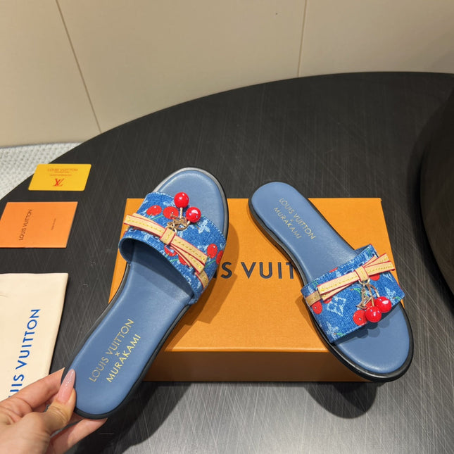 LV SLIDE SANDALS 25S IN DARK BLUE DENIM AND CALFSKIN WITH CHERRY BLOSSOM BUCKLE