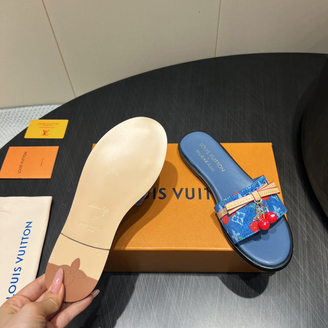 LV SLIDE SANDALS 25S IN DARK BLUE DENIM AND CALFSKIN WITH CHERRY BLOSSOM BUCKLE