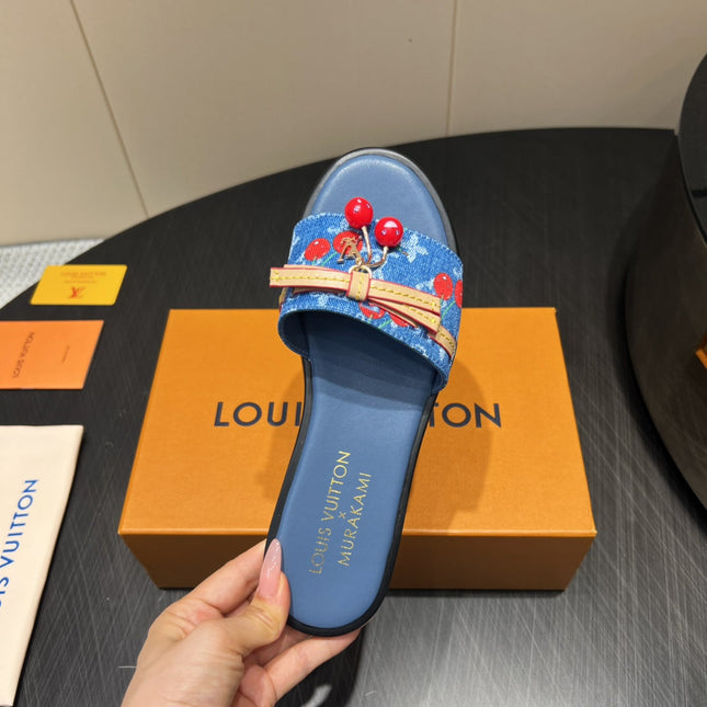 LV SLIDE SANDALS 25S IN DARK BLUE DENIM AND CALFSKIN WITH CHERRY BLOSSOM BUCKLE
