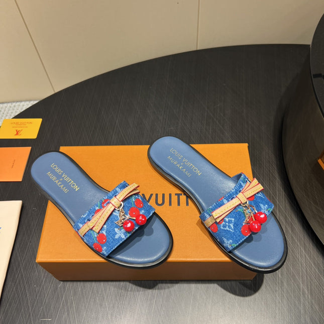 LV SLIDE SANDALS 25S IN DARK BLUE DENIM AND CALFSKIN WITH CHERRY BLOSSOM BUCKLE