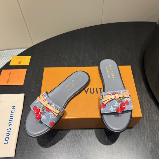 LV SLIDE SANDALS 25S IN GREY DENIM AND CALFSKIN WITH CHERRY BLOSSOM BUCKLE