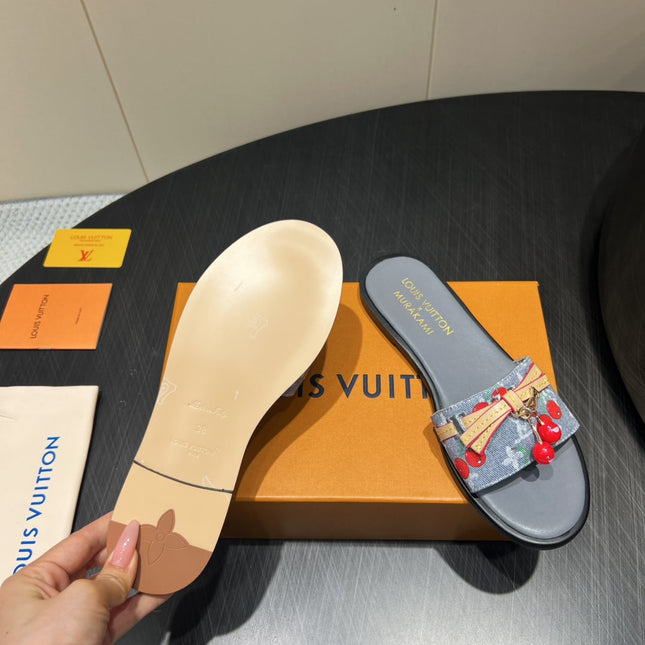 LV SLIDE SANDALS 25S IN GREY DENIM AND CALFSKIN WITH CHERRY BLOSSOM BUCKLE