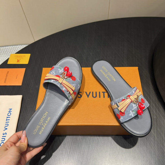 LV SLIDE SANDALS 25S IN GREY DENIM AND CALFSKIN WITH CHERRY BLOSSOM BUCKLE