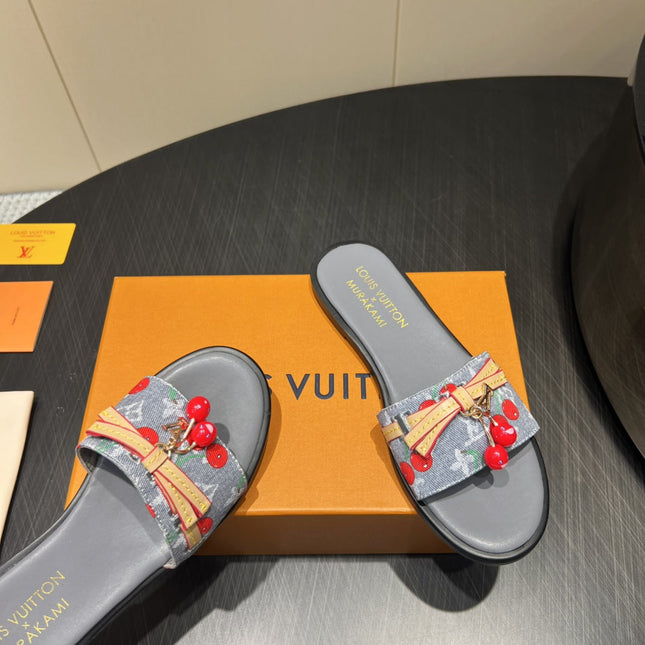 LV SLIDE SANDALS 25S IN GREY DENIM AND CALFSKIN WITH CHERRY BLOSSOM BUCKLE