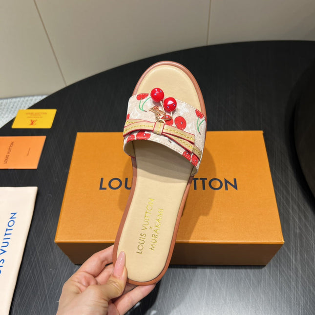 LV SLIDE SANDALS 25S IN BEIGE DENIM AND CALFSKIN WITH CHERRY BLOSSOM BUCKLE