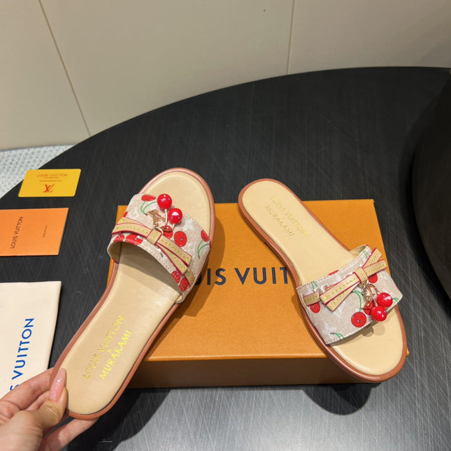LV SLIDE SANDALS 25S IN BEIGE DENIM AND CALFSKIN WITH CHERRY BLOSSOM BUCKLE