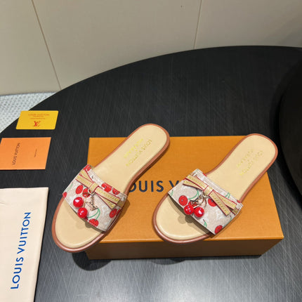 LV SLIDE SANDALS 25S IN BEIGE DENIM AND CALFSKIN WITH CHERRY BLOSSOM BUCKLE