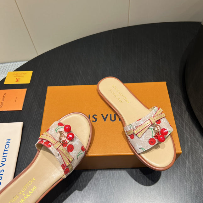 LV SLIDE SANDALS 25S IN BEIGE DENIM AND CALFSKIN WITH CHERRY BLOSSOM BUCKLE