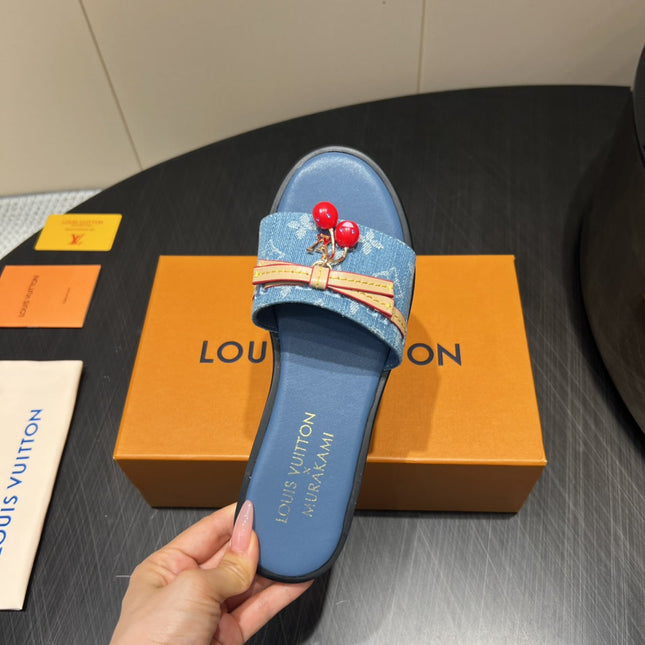 LV SLIDE SANDALS 25S IN BLUE DENIM AND CALFSKIN WITH CHERRY BLOSSOM BUCKLE