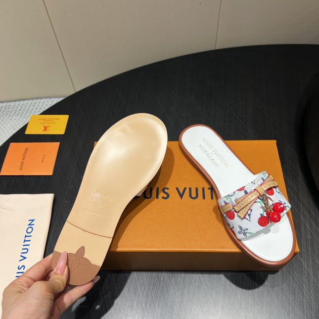 LV SLIDE SANDALS 25S IN WHITE DENIM AND CALFSKIN WITH CHERRY BLOSSOM BUCKLE