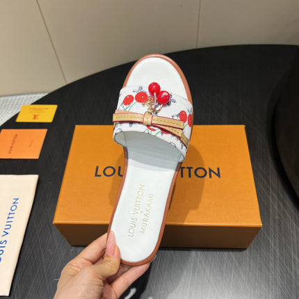 LV SLIDE SANDALS 25S IN WHITE DENIM AND CALFSKIN WITH CHERRY BLOSSOM BUCKLE