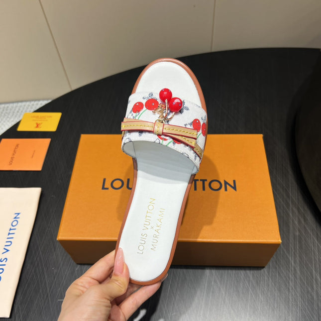 LV SLIDE SANDALS 25S IN WHITE DENIM AND CALFSKIN WITH CHERRY BLOSSOM BUCKLE