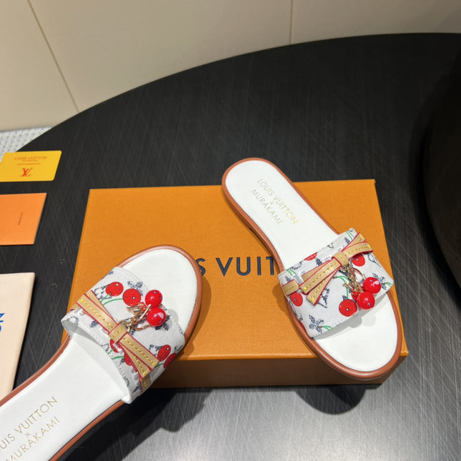 LV SLIDE SANDALS 25S IN WHITE DENIM AND CALFSKIN WITH CHERRY BLOSSOM BUCKLE