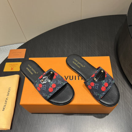 LV SLIDE SANDALS 25S IN BLACK DENIM AND CALFSKIN WITH LOGO PRINT
