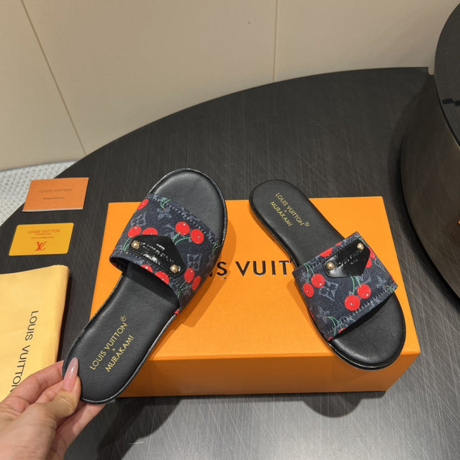 LV SLIDE SANDALS 25S IN BLACK DENIM AND CALFSKIN WITH LOGO PRINT