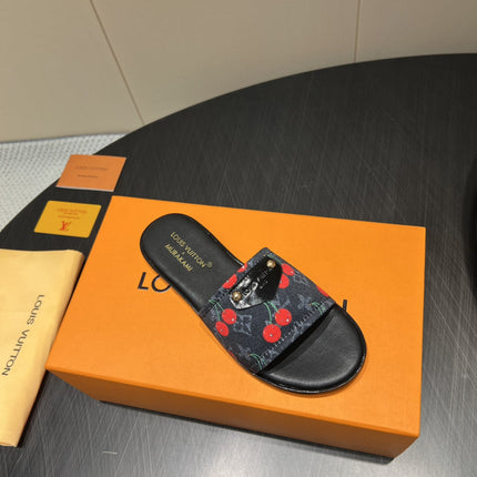 LV SLIDE SANDALS 25S IN BLACK DENIM AND CALFSKIN WITH LOGO PRINT
