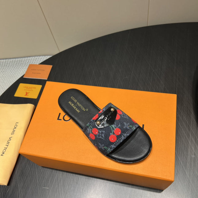 LV SLIDE SANDALS 25S IN BLACK DENIM AND CALFSKIN WITH LOGO PRINT