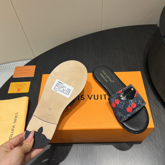 LV SLIDE SANDALS 25S IN BLACK DENIM AND CALFSKIN WITH LOGO PRINT