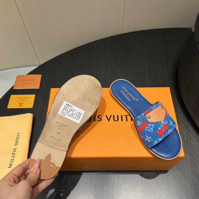 LV SLIDE SANDALS 25S IN DARK BLUE DENIM AND CALFSKIN WITH LOGO PRINT