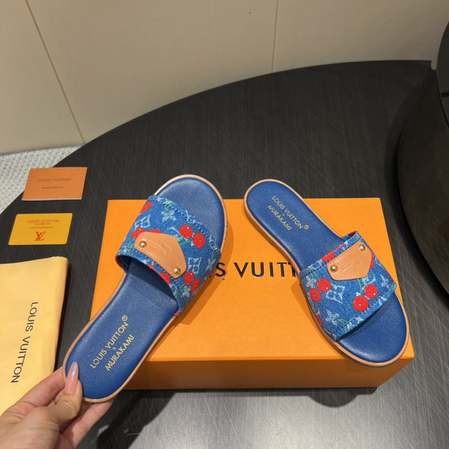 LV SLIDE SANDALS 25S IN DARK BLUE DENIM AND CALFSKIN WITH LOGO PRINT