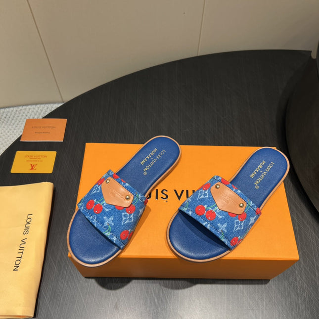 LV SLIDE SANDALS 25S IN DARK BLUE DENIM AND CALFSKIN WITH LOGO PRINT