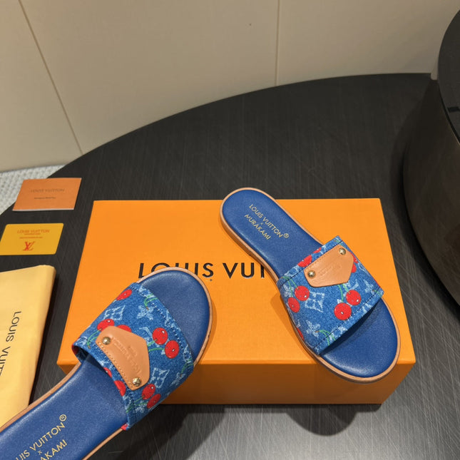 LV SLIDE SANDALS 25S IN DARK BLUE DENIM AND CALFSKIN WITH LOGO PRINT