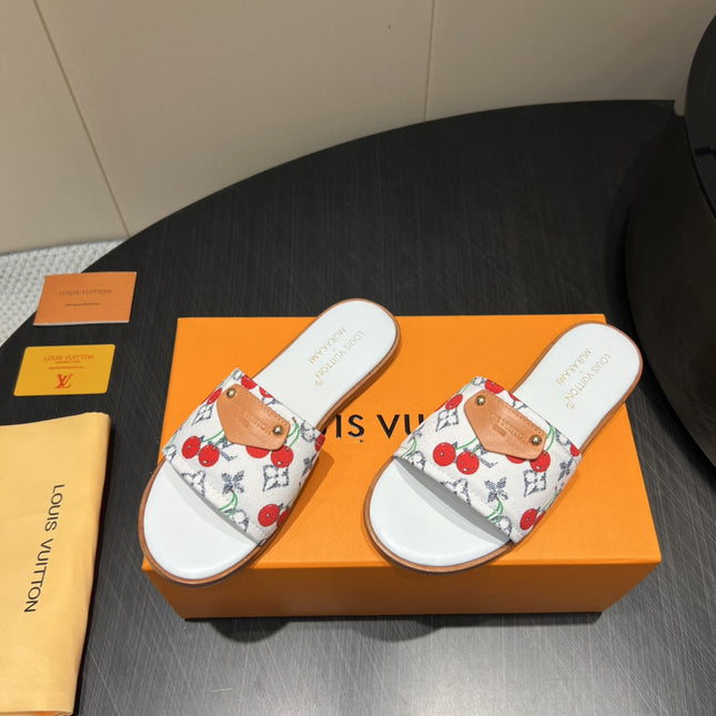 LV SLIDE SANDALS 25S IN WHITE DENIM AND CALFSKIN WITH LOGO PRINT