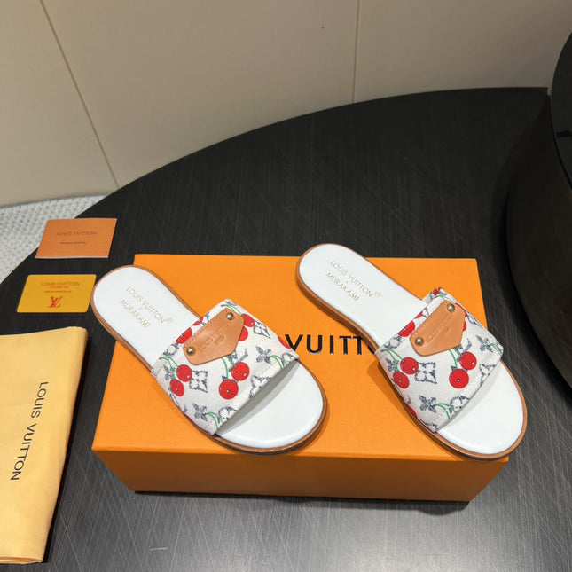 LV SLIDE SANDALS 25S IN WHITE DENIM AND CALFSKIN WITH LOGO PRINT