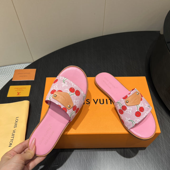 LV SLIDE SANDALS 25S IN PINK DENIM AND CALFSKIN WITH LOGO PRINT