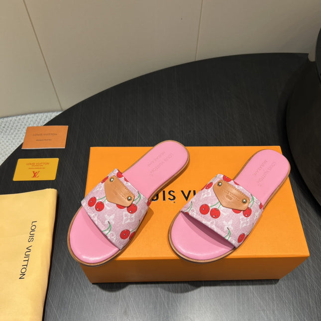 LV SLIDE SANDALS 25S IN PINK DENIM AND CALFSKIN WITH LOGO PRINT