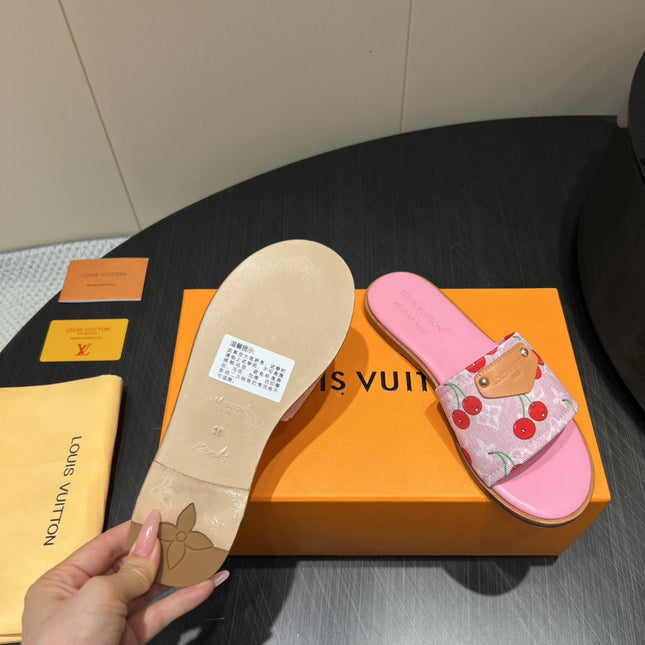LV SLIDE SANDALS 25S IN PINK DENIM AND CALFSKIN WITH LOGO PRINT