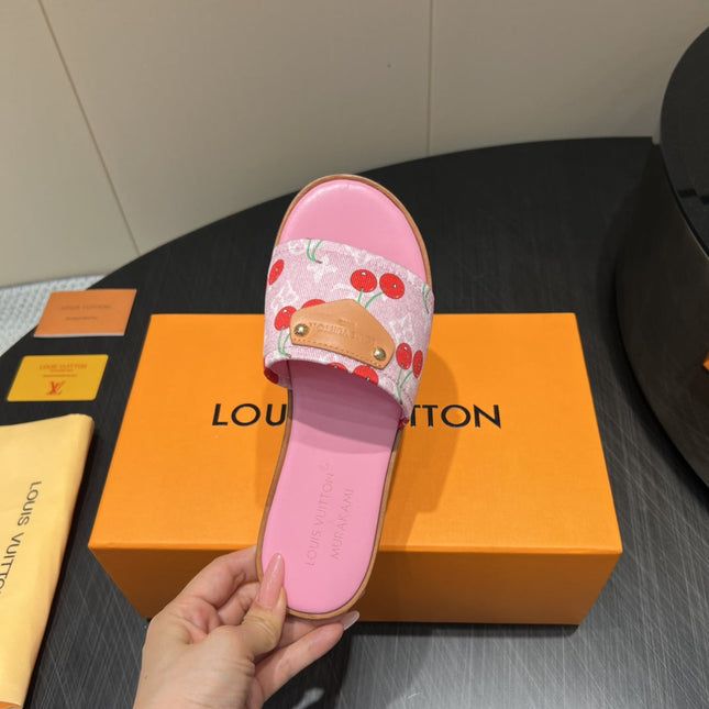 LV SLIDE SANDALS 25S IN PINK DENIM AND CALFSKIN WITH LOGO PRINT