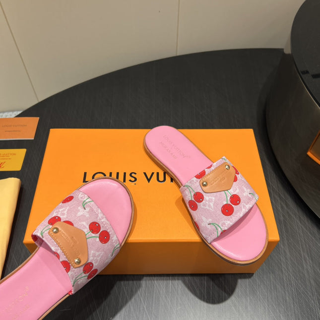 LV SLIDE SANDALS 25S IN PINK DENIM AND CALFSKIN WITH LOGO PRINT
