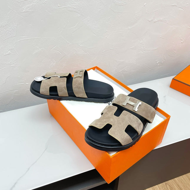 CHYPRE SANDAL LIGHT GRAY SUEDE WITH H BUCKLE