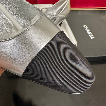 HIGH MARY JANE IN SILVER CALFSKIN AND BLACK SATIN