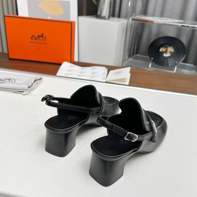 SQUARE TOE SLINGBACK BLACK CALFSKIN