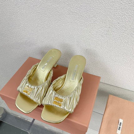 Women's Mid - Heel Metallic Yellow Color Leather Stylized