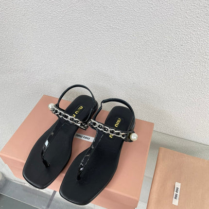 Pearl Chain Flip-Flops Black Color Leather